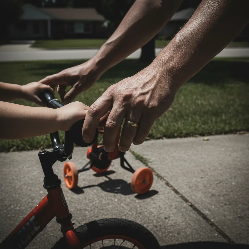 Adulte accompagnant un enfant qui apprend à faire du vélo en sécurité dans un parc